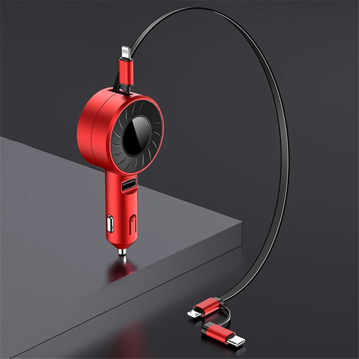 4.2A Fast Charge Car Charger Socket Car Cigarette Lighter Adapter with 3-in-1 Telescopic Cable (9th Gen) - Red - 2
