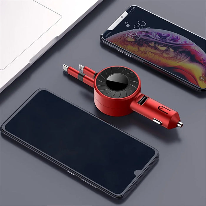 4.2A Fast Charge Car Charger Socket Car Cigarette Lighter Adapter with 3-in-1 Telescopic Cable (9th Gen) - Red - 3