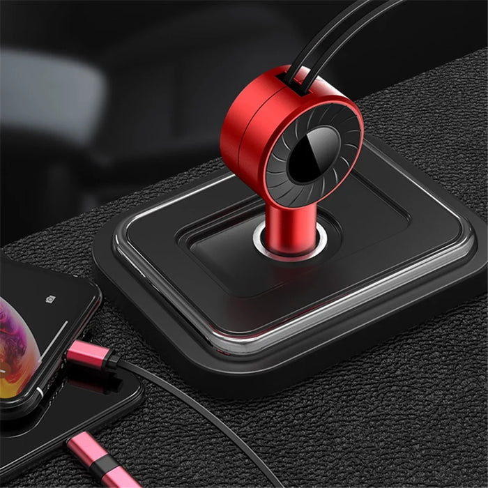 4.2A Fast Charge Car Charger Socket Car Cigarette Lighter Adapter with 3-in-1 Telescopic Cable (9th Gen) - Red - 4