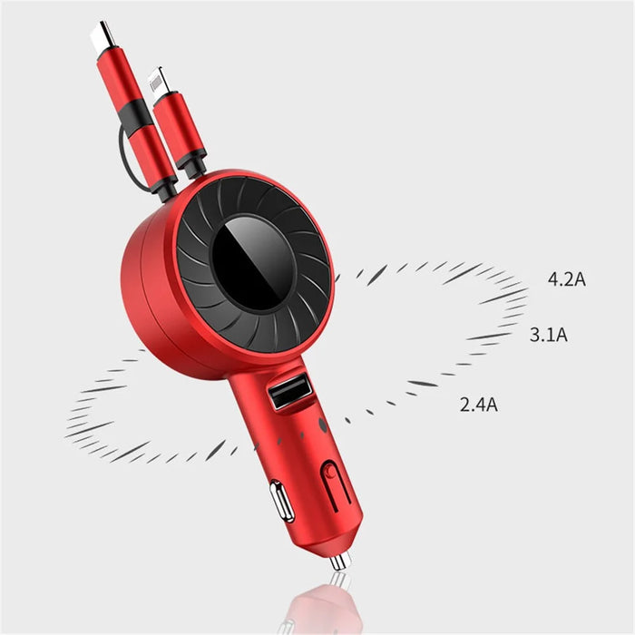4.2A Fast Charge Car Charger Socket Car Cigarette Lighter Adapter with 3-in-1 Telescopic Cable (9th Gen) - Red - 5