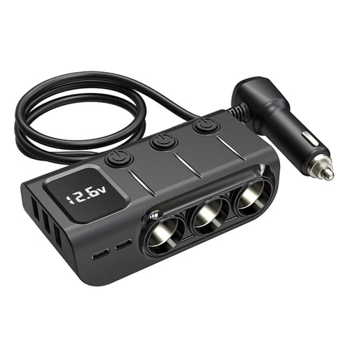 GC01 3 USB + 1 Type-C + 1 PD Port Car Charger 3 Cigarette Lighter Sockets Digital Display Charging Adapter - 1