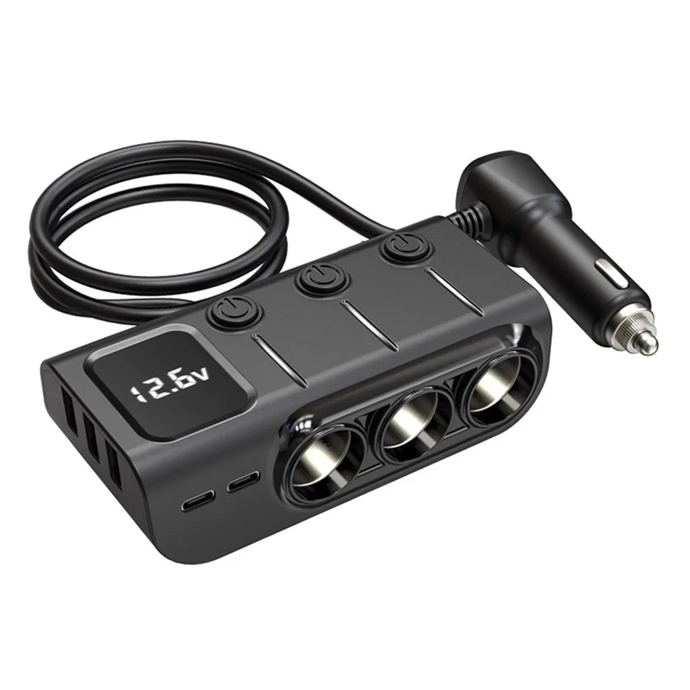 GC01 3 USB + 1 Type-C + 1 PD Port Car Charger 3 Cigarette Lighter Sockets Digital Display Charging Adapter - 1