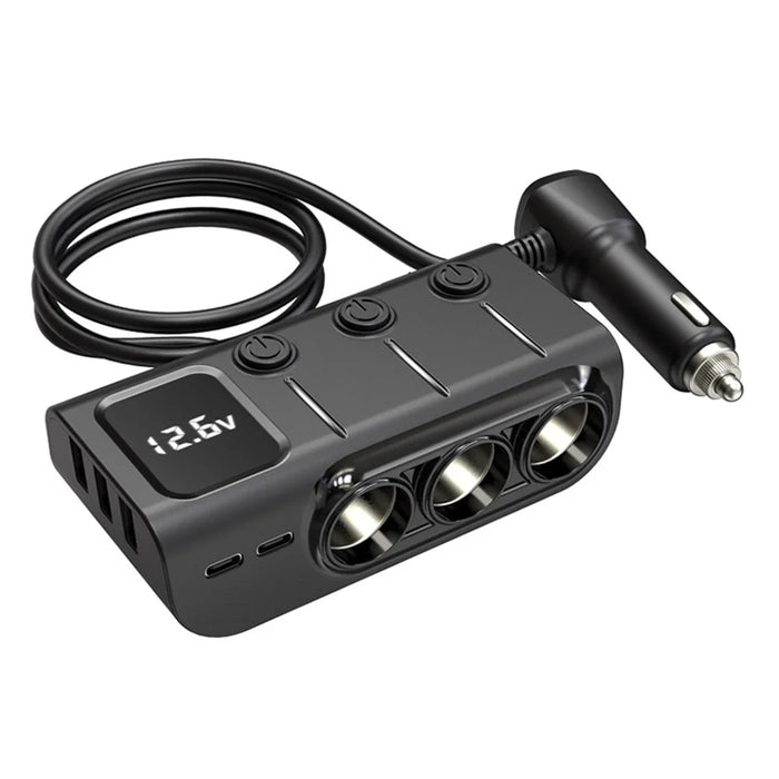 GC01 3 USB + 1 Type-C + 1 PD Port Car Charger 3 Cigarette Lighter Sockets Digital Display Charging Adapter - 1