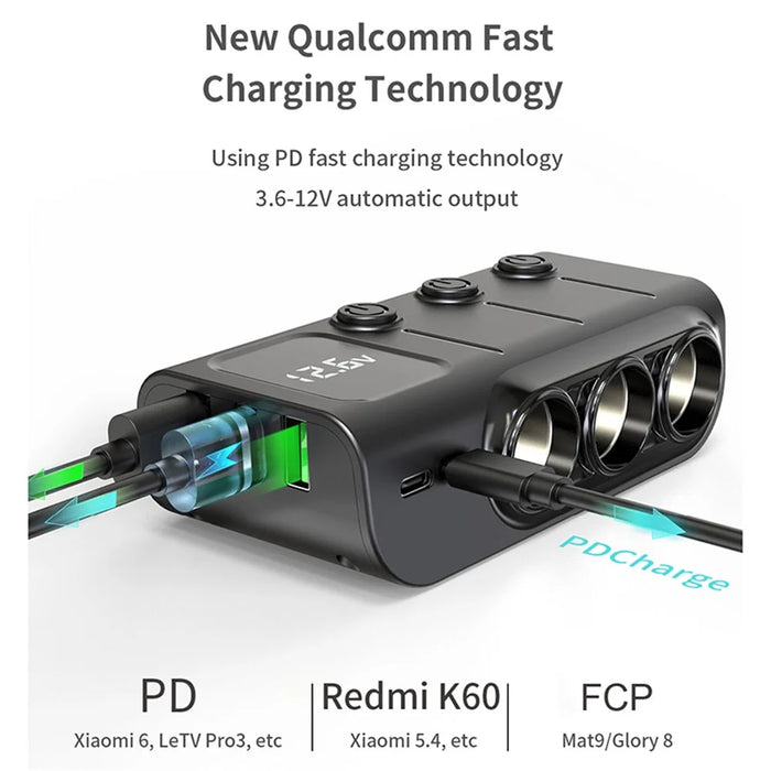 GC01 3 USB + 1 Type-C + 1 PD Port Car Charger 3 Cigarette Lighter Sockets Digital Display Charging Adapter - 2