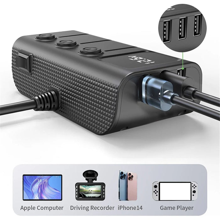 GC01 3 USB + 1 Type-C + 1 PD Port Car Charger 3 Cigarette Lighter Sockets Digital Display Charging Adapter - 3