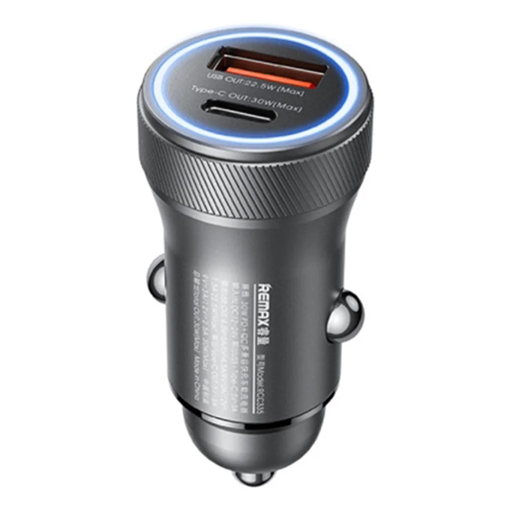 REMAX RCC335 Seaya Series USB-A + Type-C Dual Port PD 30W Fast Charging Aluminum Alloy Car Charger - 1
