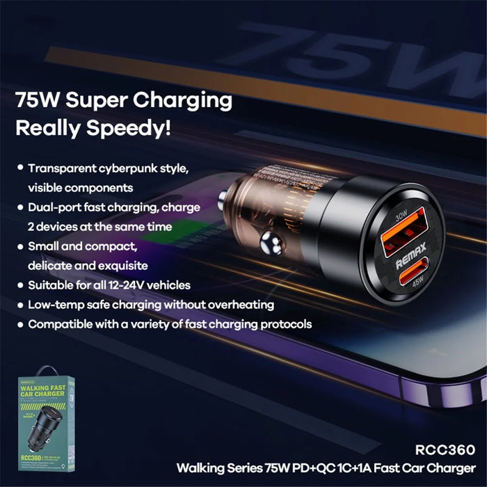 REMAX RCC360 Walking Series 75W PD+QC USB-A + Type-C Dual Port Transparent Car Charger - 6