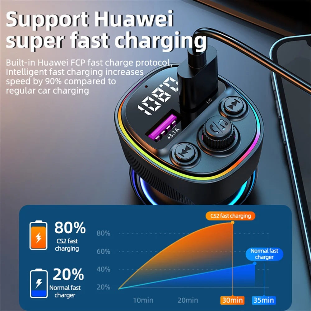 CS2 Dual USB 66W Super Fast Car Charger Digital Display Car Charger with MP3 Player Bluetooth-compatible FM Transmitter - 3