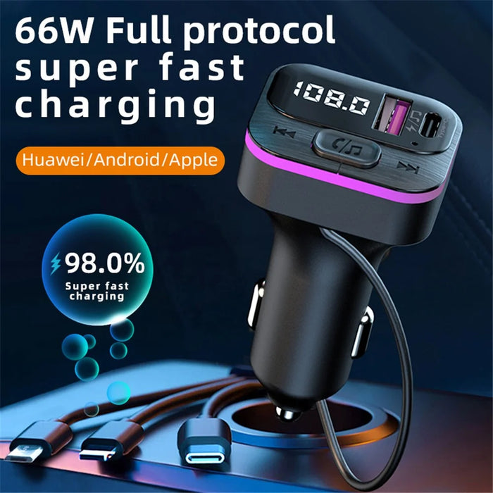 CS3 USB+USB-C 66W Car Charger MP3 Player Bluetooth-compatible FM Transmitter Car Charger with 3 Charging Cables - 2