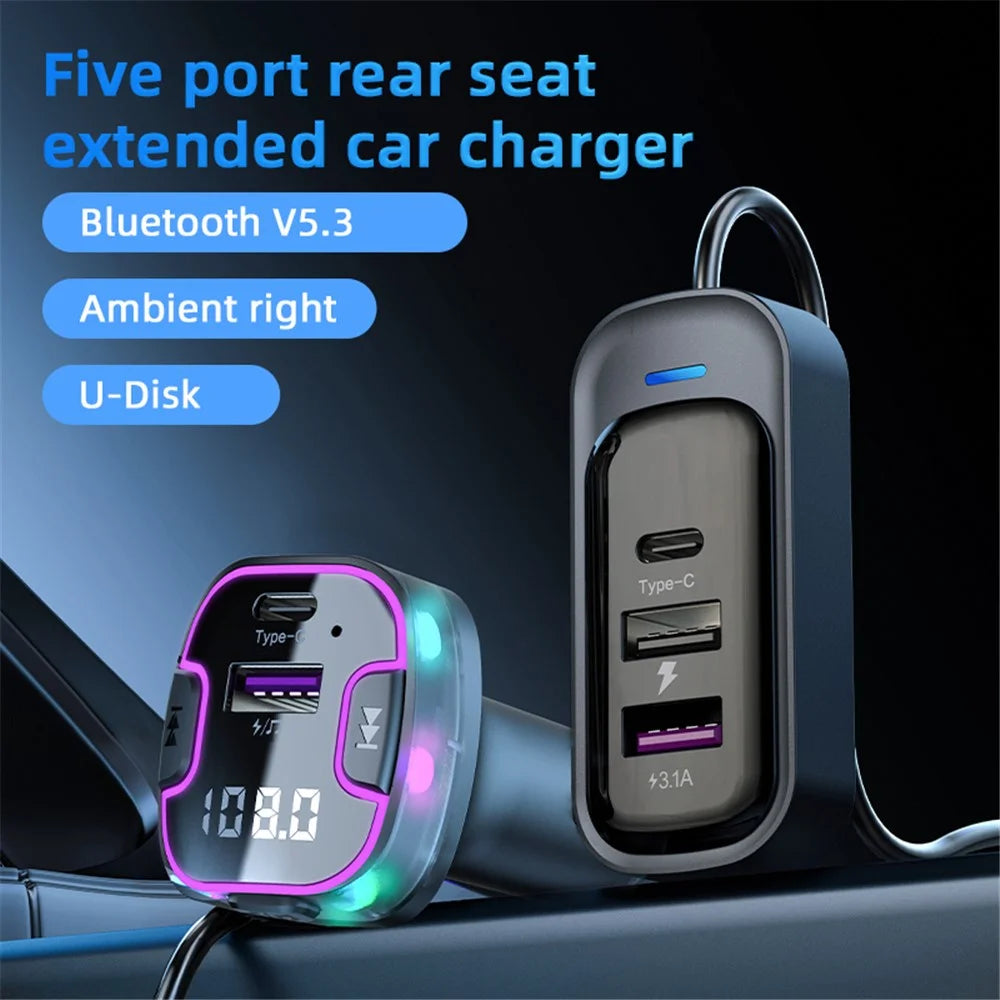 CS6 Rear Seat Extended Car Charger Multi-Port Fast Car Charger with Bluetooth-compatible MP3 Play, FM Transmitter Function - 2