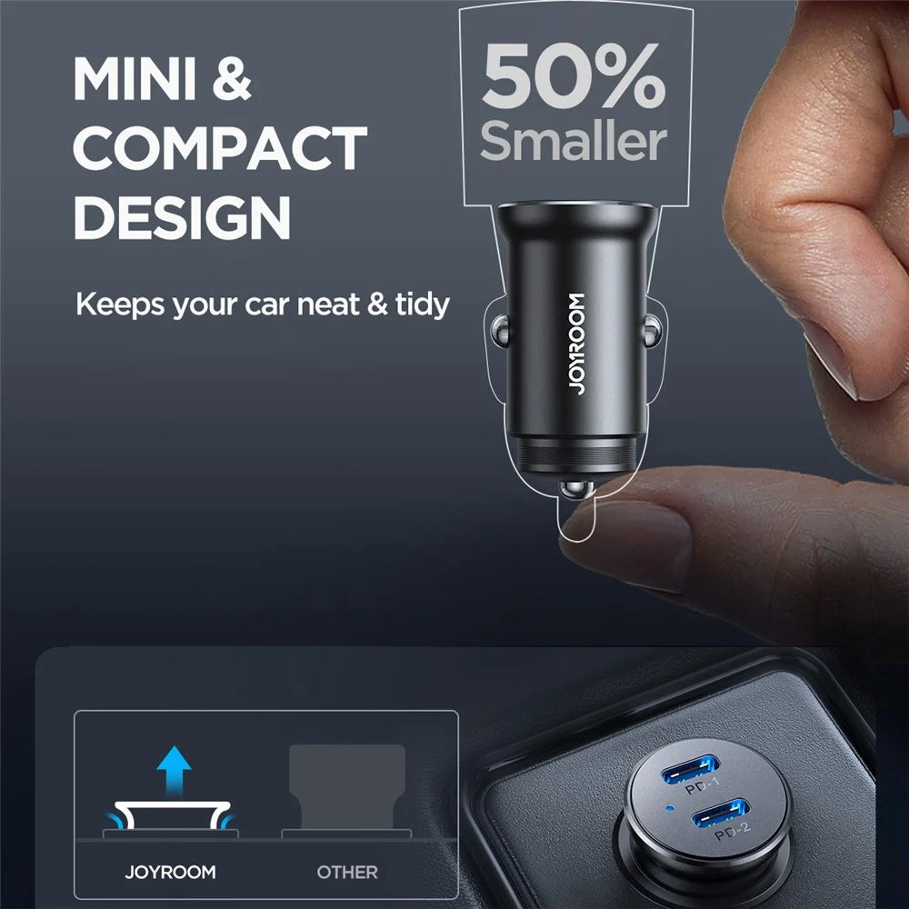 JOYROOM CCN06 Mini 30W Dual Type-C Ports Aluminum Alloy Car Charger Phone PD Fast Charging Adapter - 7
