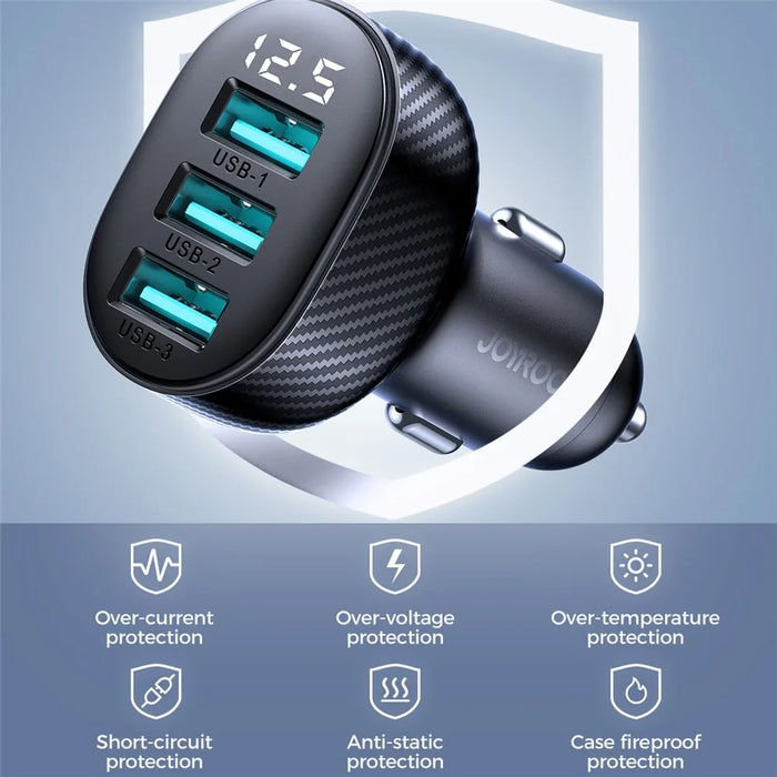 JOYROOM CCD03 3.4A 3 USB Ports Phone Fast Charging Adapter PC+ABS Voltage Digital Display Car Charger - 3