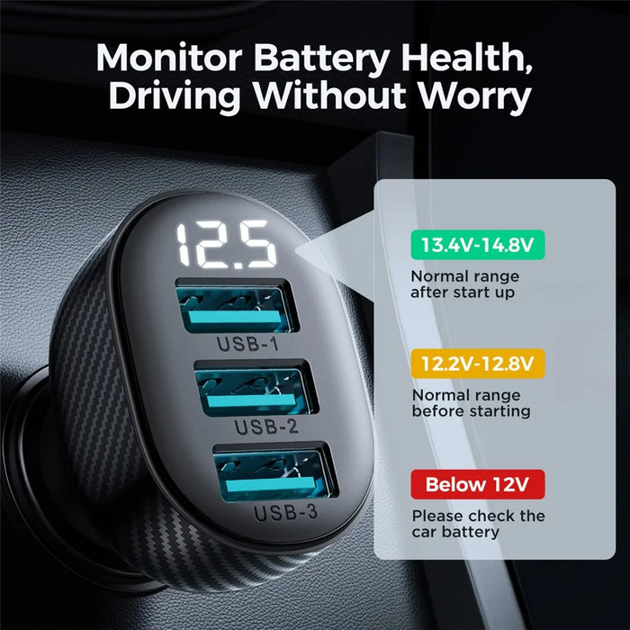 JOYROOM CCD03 3.4A 3 USB Ports Phone Fast Charging Adapter PC+ABS Voltage Digital Display Car Charger - 4