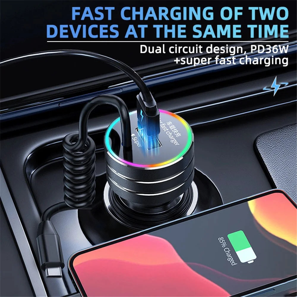 K13 USB Car Charger QC3.0 Fast Charging Adapter with Type-C Spring Cable for 12-24V Vehicles - 3