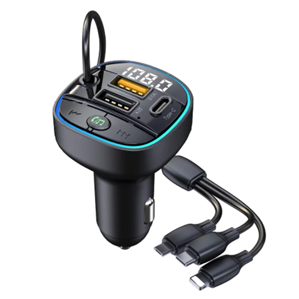 C35 Super Fast Car Charger Three Ports Car Charger Adapter Bluetooth-compatible MP3 Player FM Transmitter with 3-in-1 Charging Cable - 1