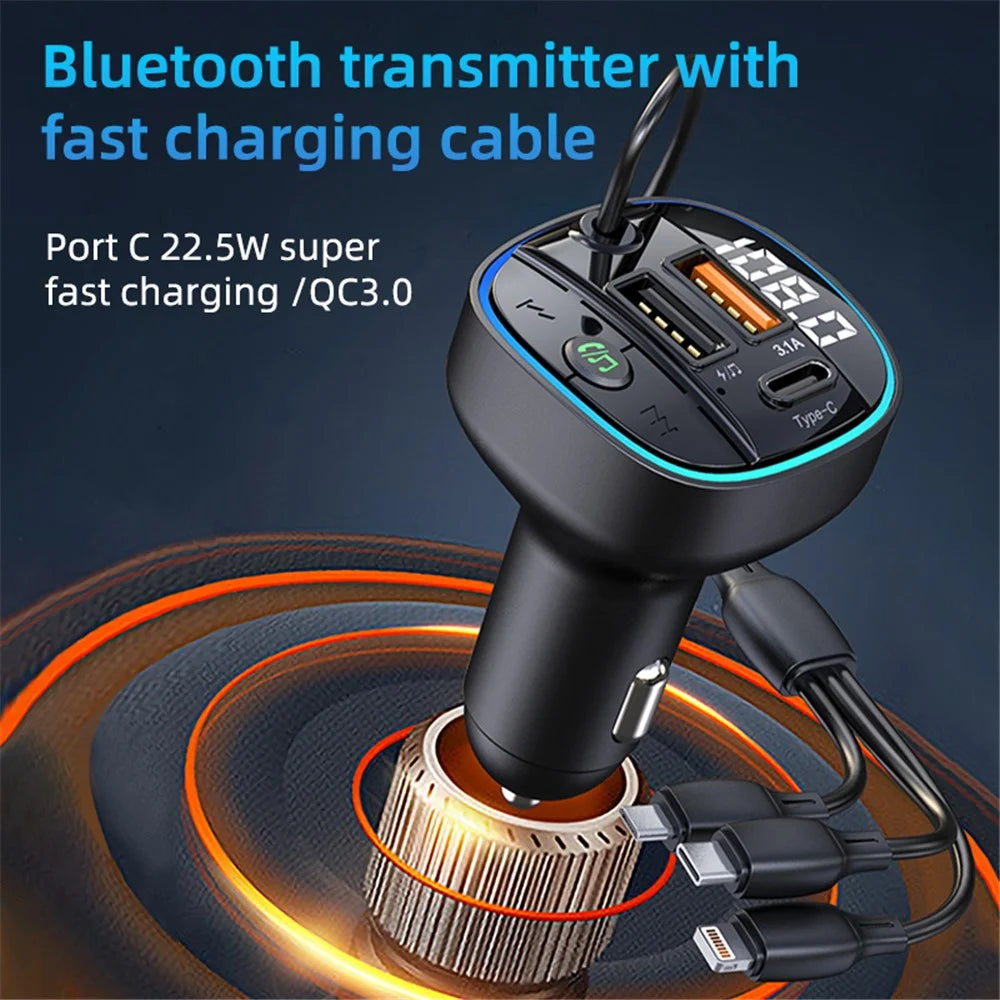 C35 Super Fast Car Charger Three Ports Car Charger Adapter Bluetooth-compatible MP3 Player FM Transmitter with 3-in-1 Charging Cable - 2