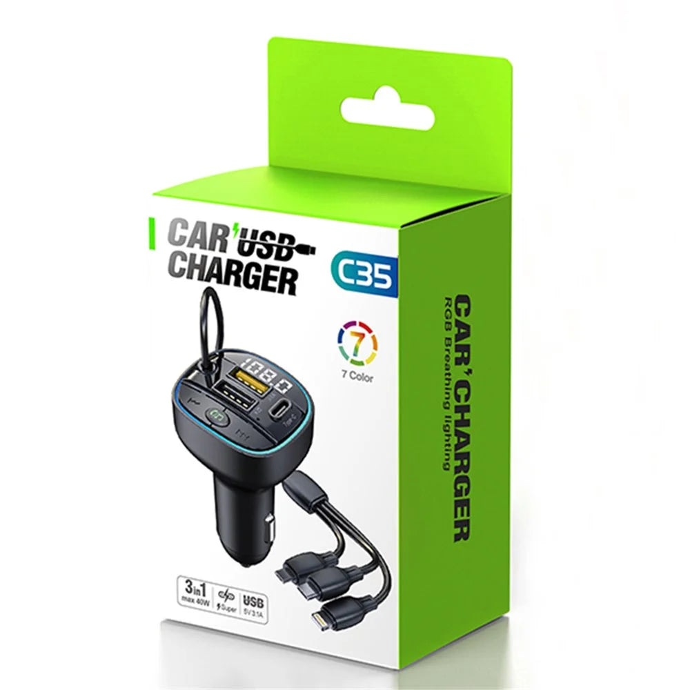C35 Super Fast Car Charger Three Ports Car Charger Adapter Bluetooth-compatible MP3 Player FM Transmitter with 3-in-1 Charging Cable - 5