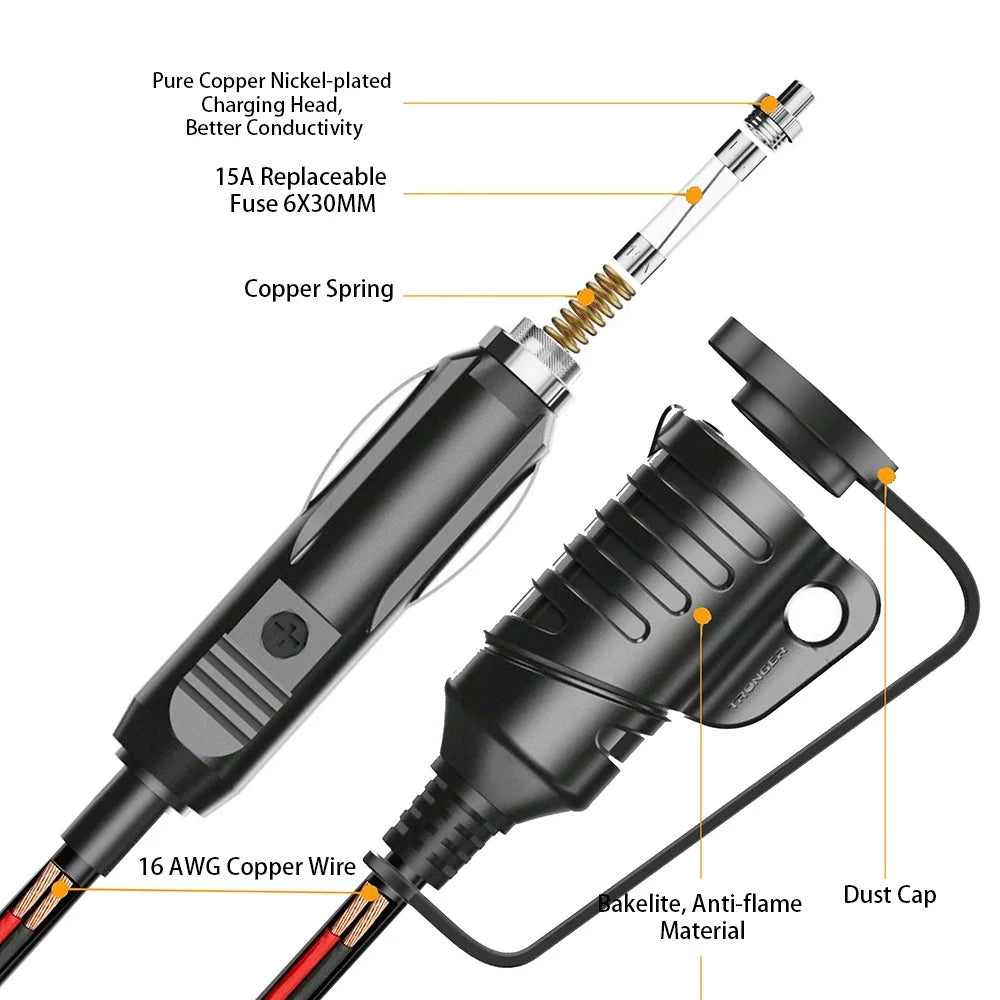 TR-29 3.6m 12V / 24V Car Cigarette Lighter Extension Cord Male Plug to Female Socket 16AWG Extender Cable with 15A Fuse - 3