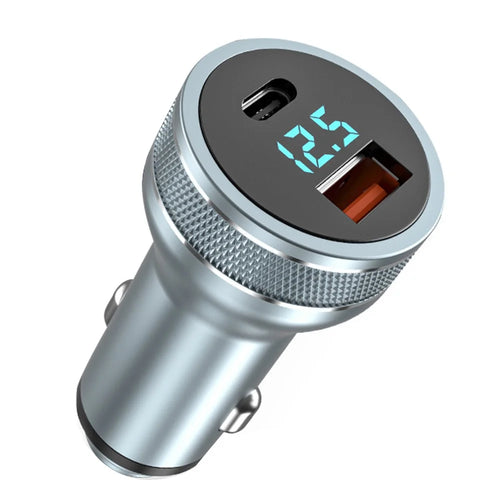 Aluminum Alloy Fast Charging Adapter USB 18W + Type-C PD 20W Mini Car Charger with Digital Display - 1