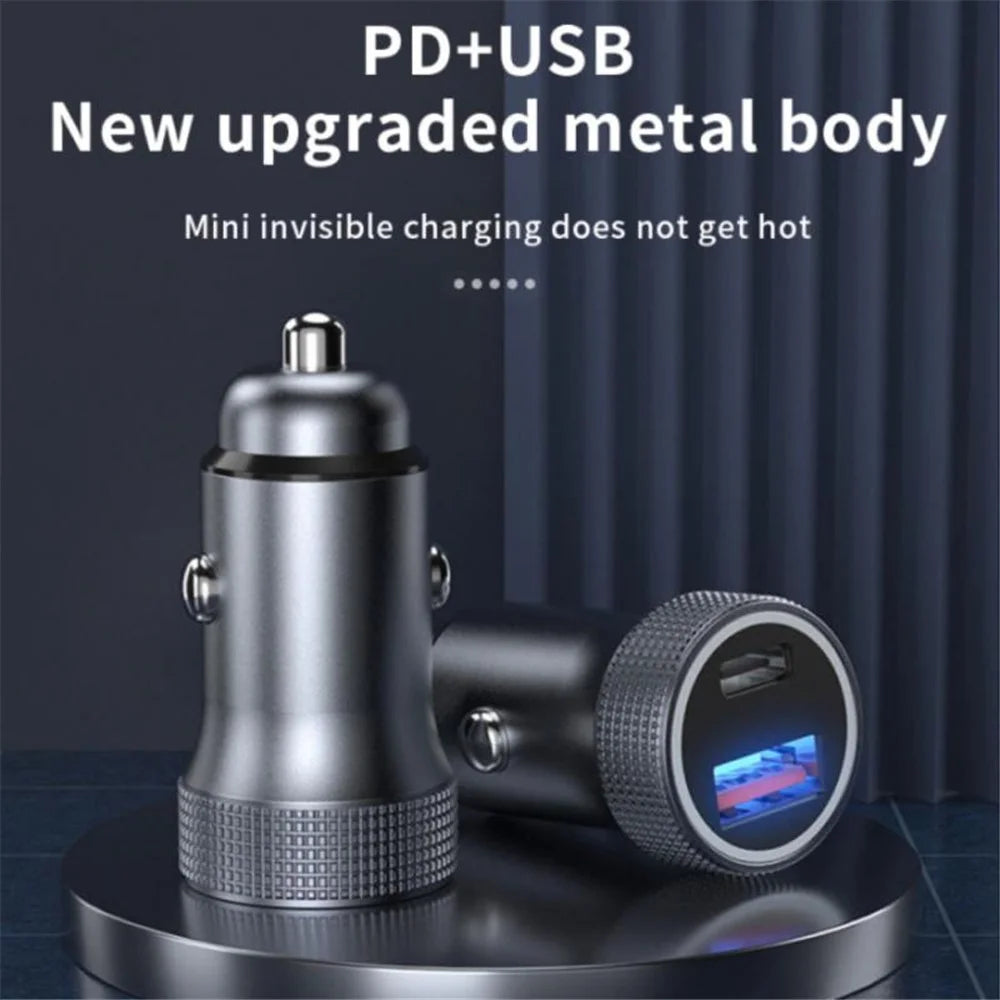 Aluminum Alloy Fast Charging Adapter USB 18W + Type-C PD 20W Mini Car Charger with Digital Display - 3