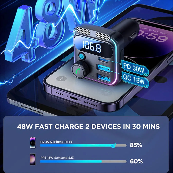 JOYROOM JR-CCB01 Dual Microphone Bluetooth-compatible Hands-free Call Music Player 48W Car Fast Charger FM Transmitter - 5