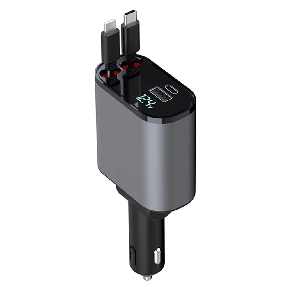 X16 100W Super Fast Charging Car Charger 180-Degree Rotating Adapter with Retractable Type-C / iP Cable - 1