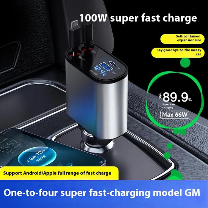 X16 100W Super Fast Charging Car Charger 180-Degree Rotating Adapter with Retractable Type-C / iP Cable - 4