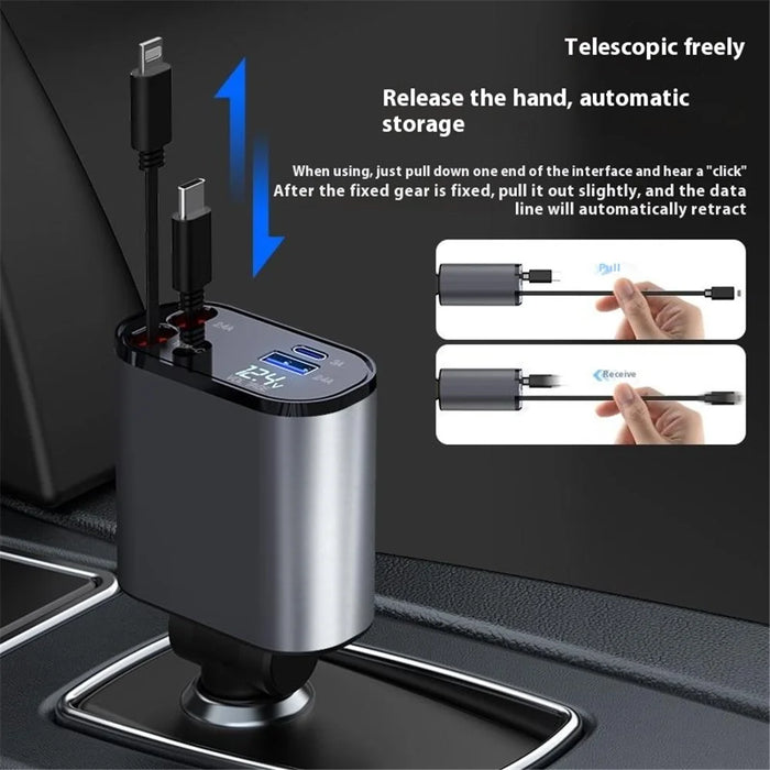 X16 100W Super Fast Charging Car Charger 180-Degree Rotating Adapter with Retractable Type-C / iP Cable - 5
