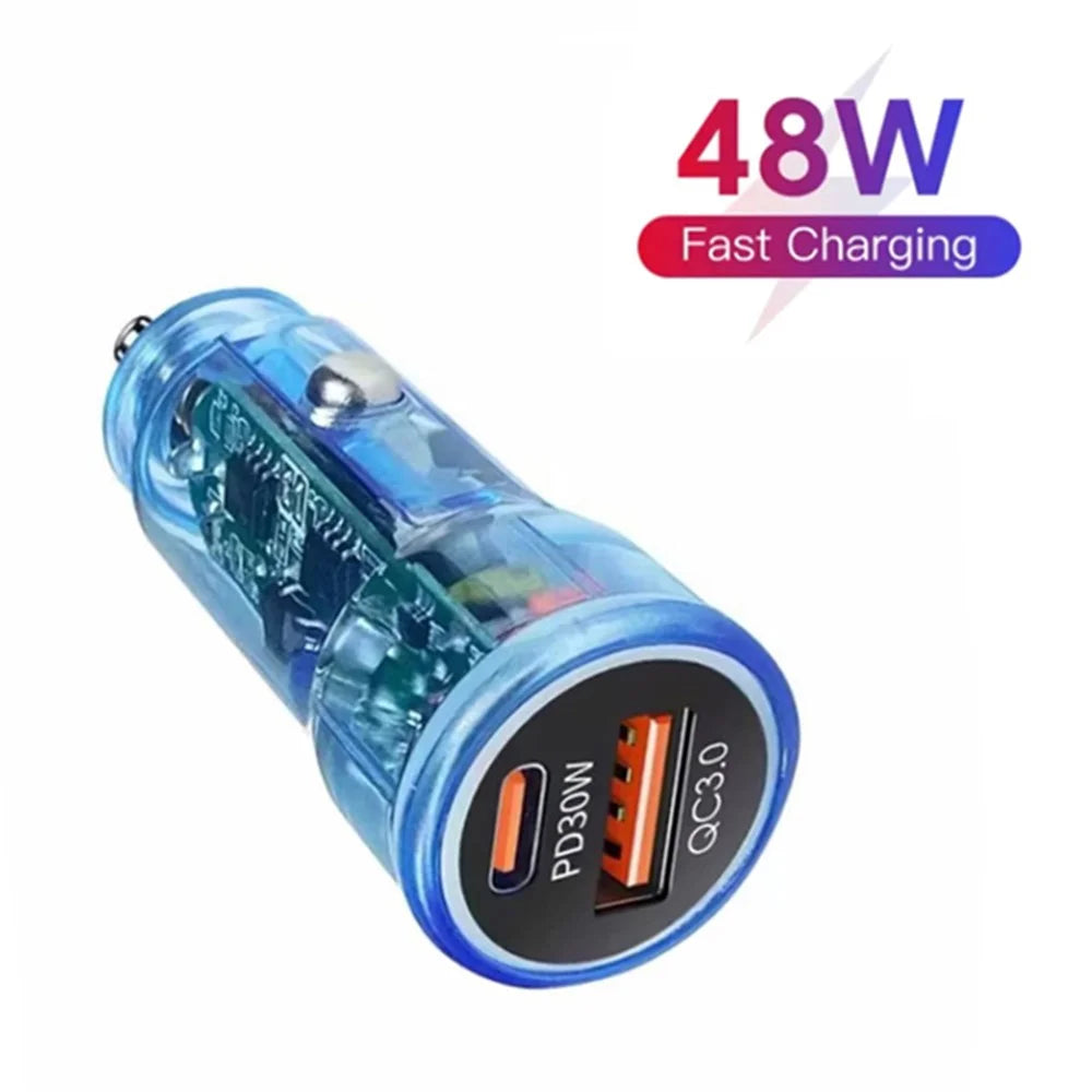P35 Clear Design 48W Car Charger for Cell Phone, Tablet, Camera, Type-C PD 30W + USB QC 3.0 18W Fast Charging Charger Station - Blue - 2
