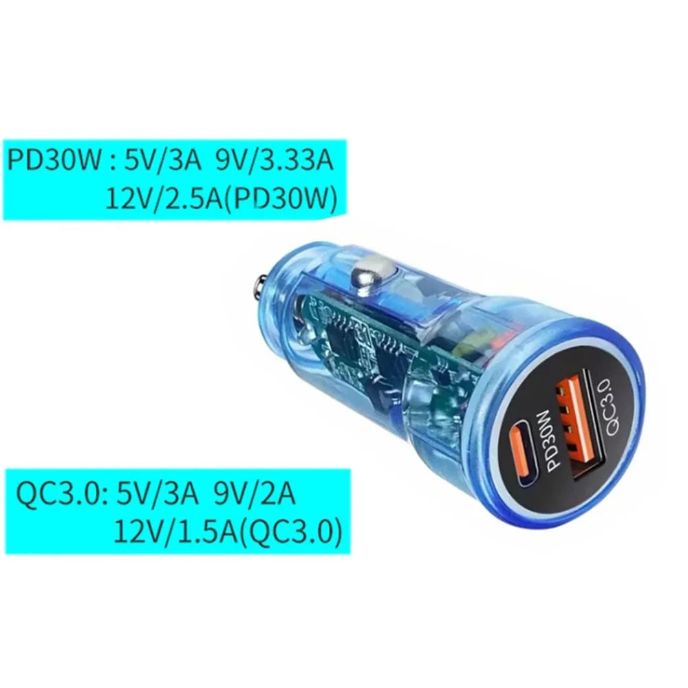 P35 Clear Design 48W Car Charger for Cell Phone, Tablet, Camera, Type-C PD 30W + USB QC 3.0 18W Fast Charging Charger Station - Blue - 5