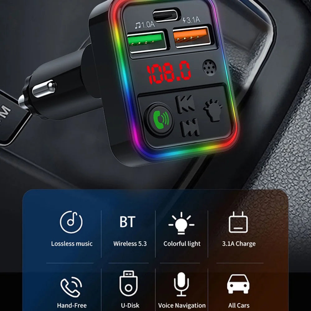 P18 Cigarette Lighter Bluetooth-compatible Car MP3 Music Player Hands-Free Calling Car Audio Device with 2USB, Type-C Port - 3
