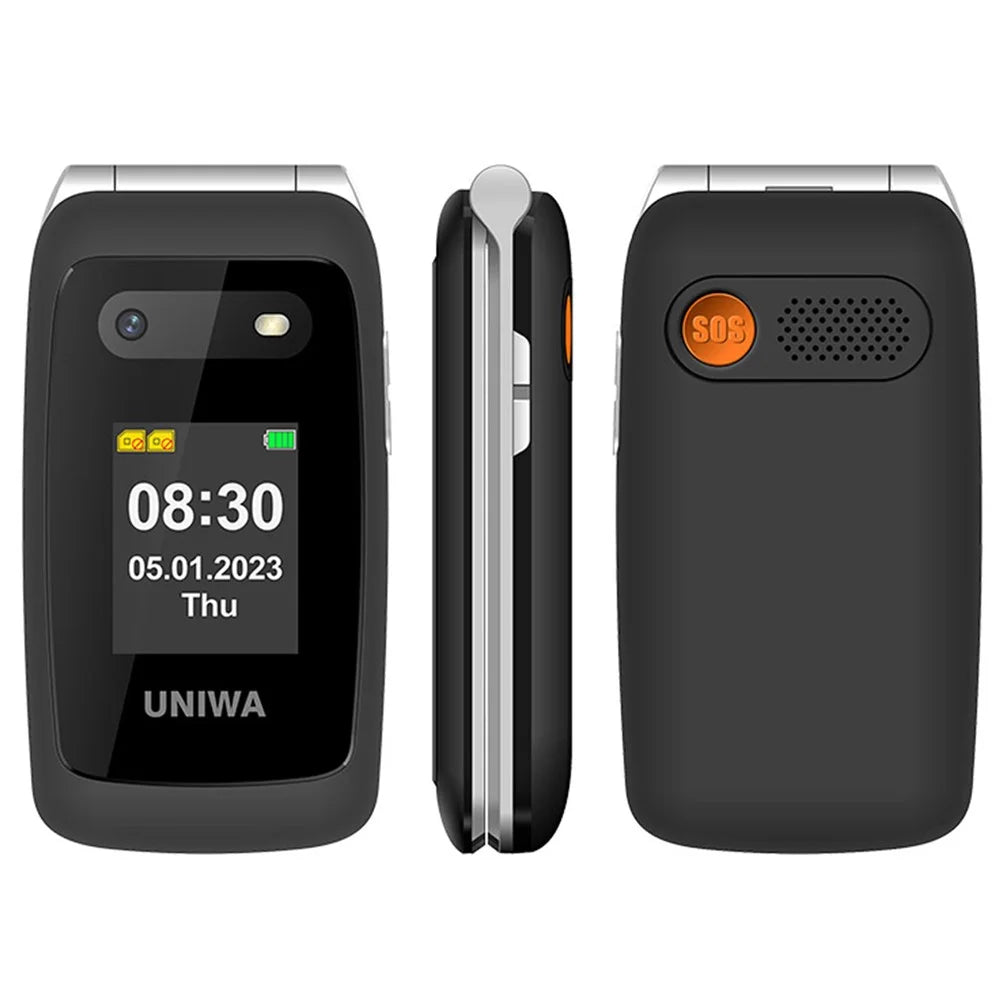 UNIWA V202T 4G Dual SIM Flip Phone for Seniors Dual Screens Basic Cell Phone with SOS Button Wireless FM Radio - Black / Language Pack 1 - 1