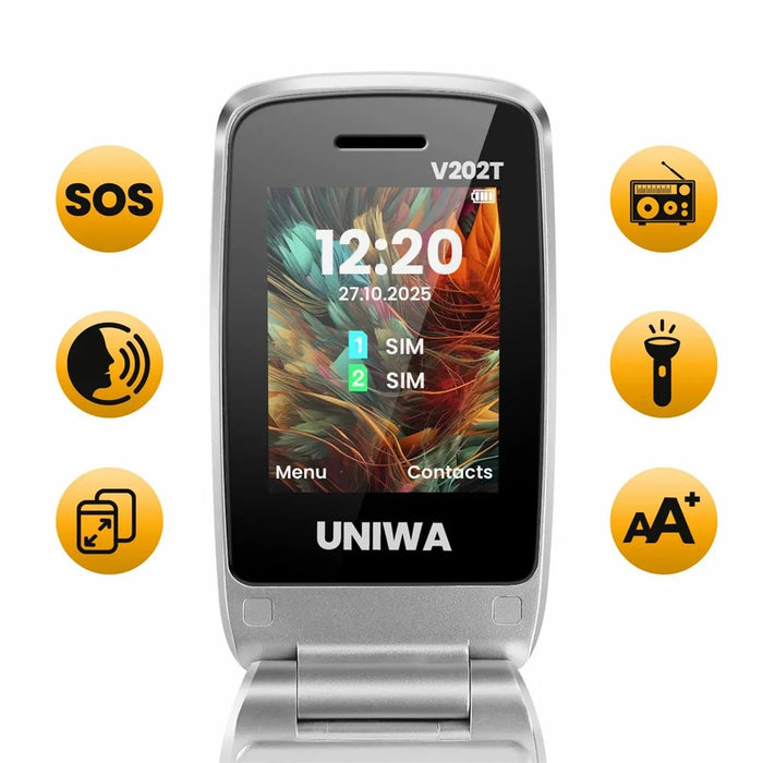 UNIWA V202T 4G Dual SIM Flip Phone for Seniors Dual Screens Basic Cell Phone with SOS Button Wireless FM Radio - Black / Language Pack 1 - 6