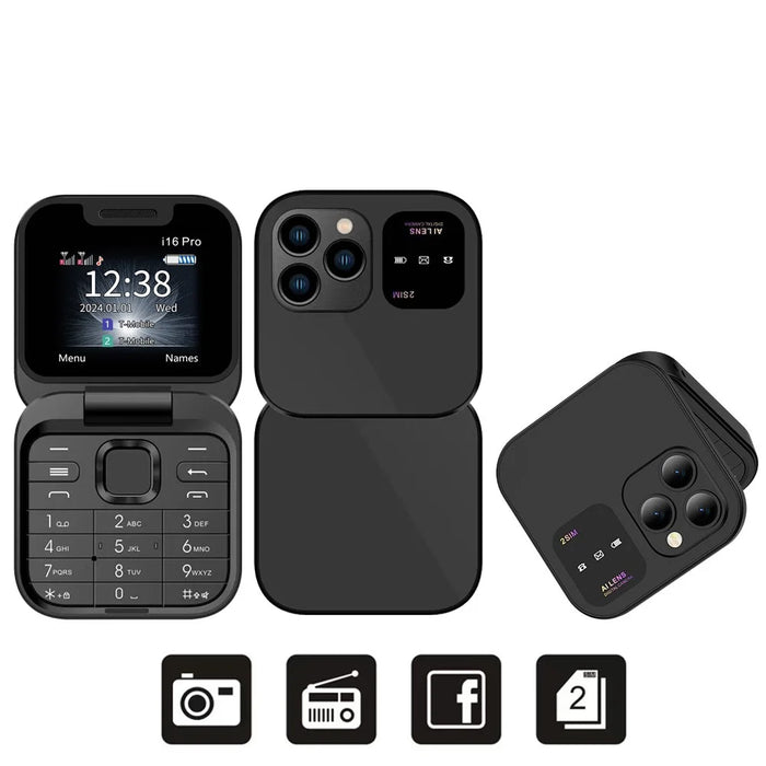 SERVO i16 Pro - Dual SIM 2G 32MB+32MB Flip Foldable Phone - Black - 2