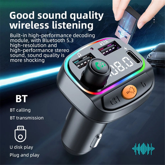 C2 Multifunctional Bluetooth-compatible MP3 Player Type-C+2 USB Car Charger with Ambient Light - 7