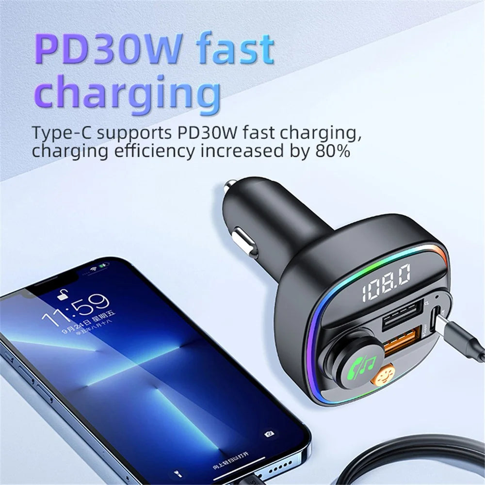 C4S Bluetooth-compatible 5.3 FM Transmitter with Digital Display for Car PD 30W+QC 3.0 Car Charger Audio MP3 Player - 5