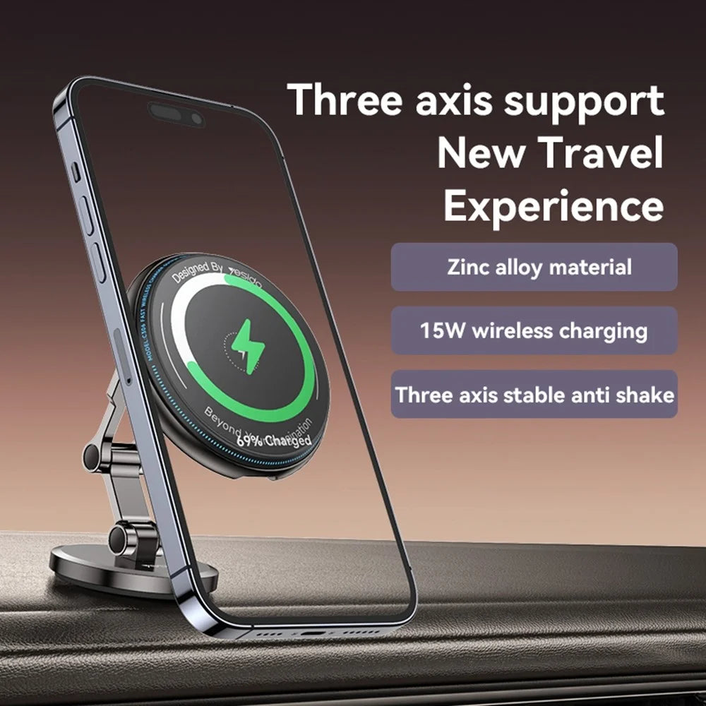 YESIDO C306 15W Magnetic Phone Wireless Charger Zinc Alloy Car Dashboard Phone Charging Stand - 2