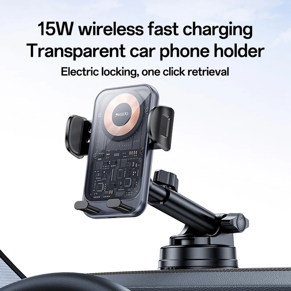 YESIDO C307 Phone Holder Stand 15W Wireless Charger Car Dashboard Suction Cup Bracket Auto Clamping - 2