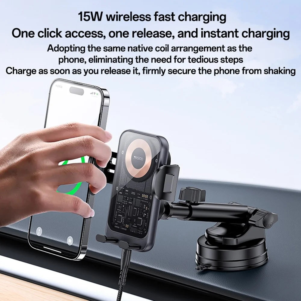 YESIDO C307 Phone Holder Stand 15W Wireless Charger Car Dashboard Suction Cup Bracket Auto Clamping - 3