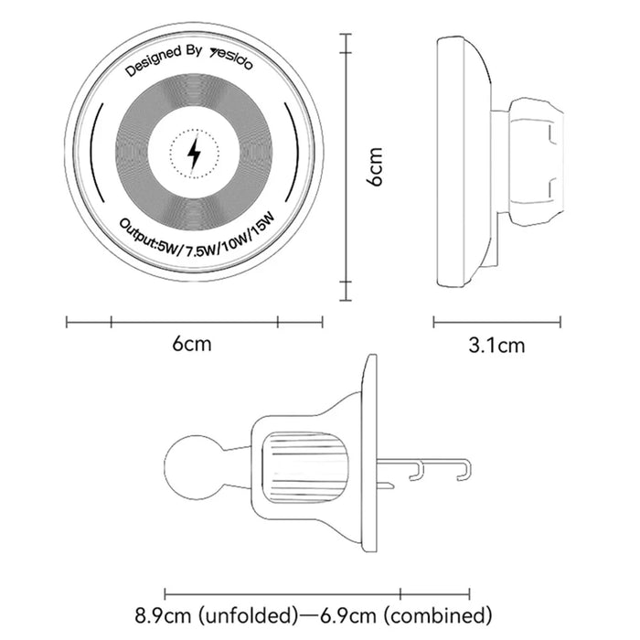 YESIDO C308 Round Phone Magnetic Holder Stand 15W Wireless Charger Car Air Outlet Bracket - 7