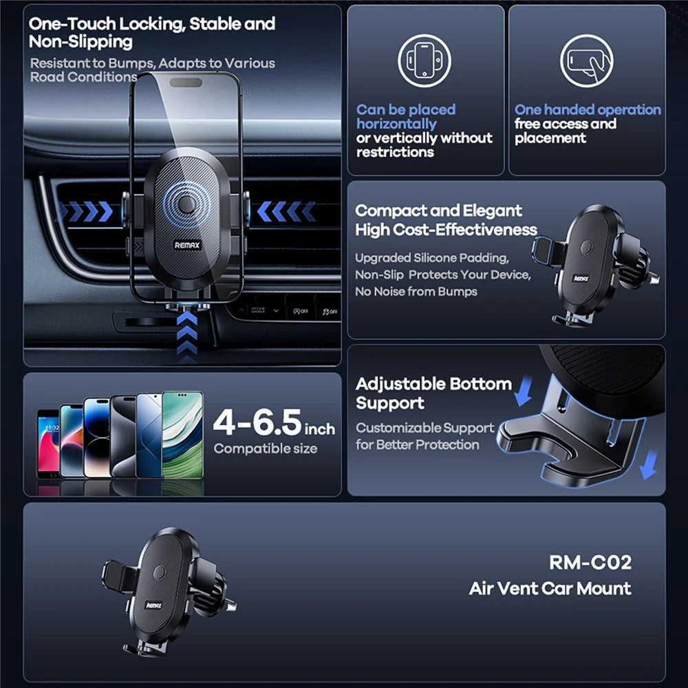REMAX RM-C02 Air Vent Car Mount Phone Holder 360-Degree Rotation Anti-Slip Compatible with 4-6.5 Inch Phones - 3
