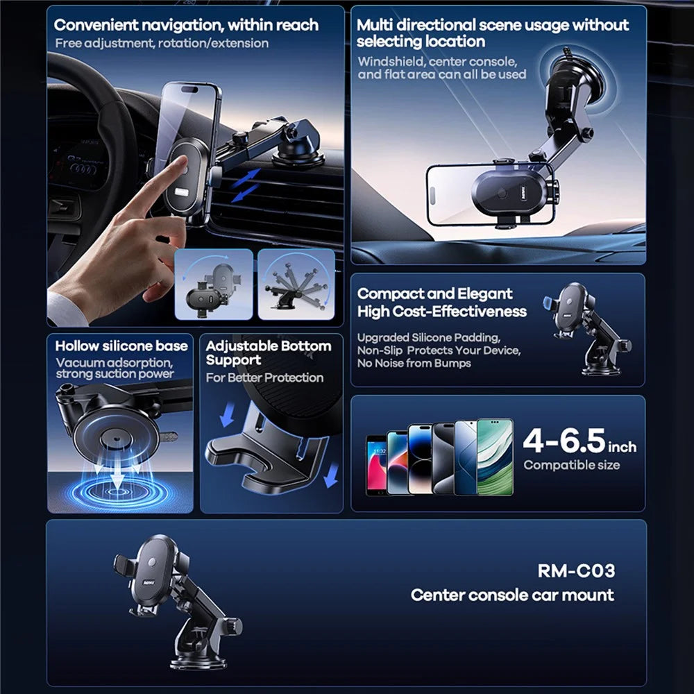 REMAX RM-C03 Dashboard Car Mount Phone Holder 360-Degree Rotation Anti-Slip Compatible with 4-6.5 Inch Phones - 3