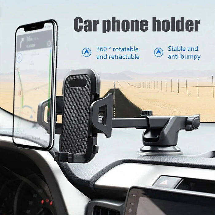 Car Dashboard Windshield Suction Cup Phone Holder Carbon Fiber Texture Extendable Rod Cellphone Bracket - 3