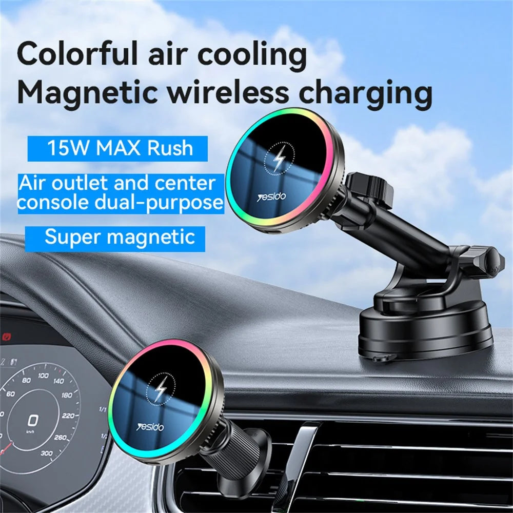 YESIDO C315 Car Wireless Charger Set Suction Cup Air Vent Mount RGB Lighting Cooling Fan 15W Fast Charging Stand - 2