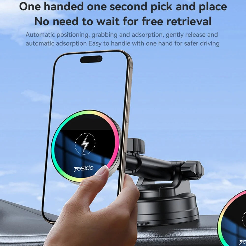 YESIDO C315 Car Wireless Charger Set Suction Cup Air Vent Mount RGB Lighting Cooling Fan 15W Fast Charging Stand - 6