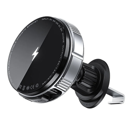 X02 15W Car Air Vent Mount Magnetic Phone Holder Wireless Charger with Retractable Type C Cable - Silver - 1