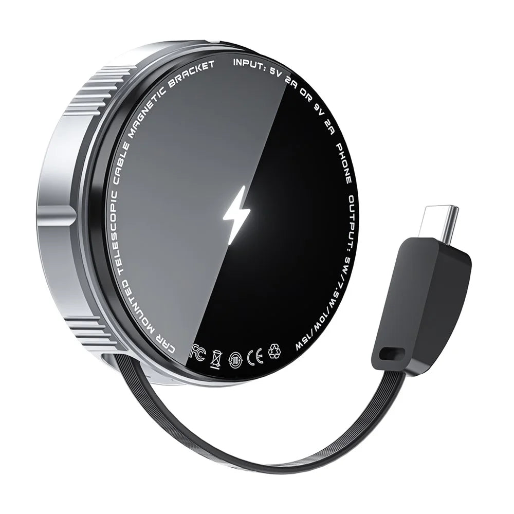 X02 15W Car Air Vent Mount Magnetic Phone Holder Wireless Charger with Retractable Type C Cable - Silver - 2
