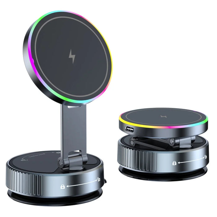 K3 Rotating Magnetic Car Phone Holder Wireless Charging Vacuum Sucker Desktop Stand with Colorful Light - 1