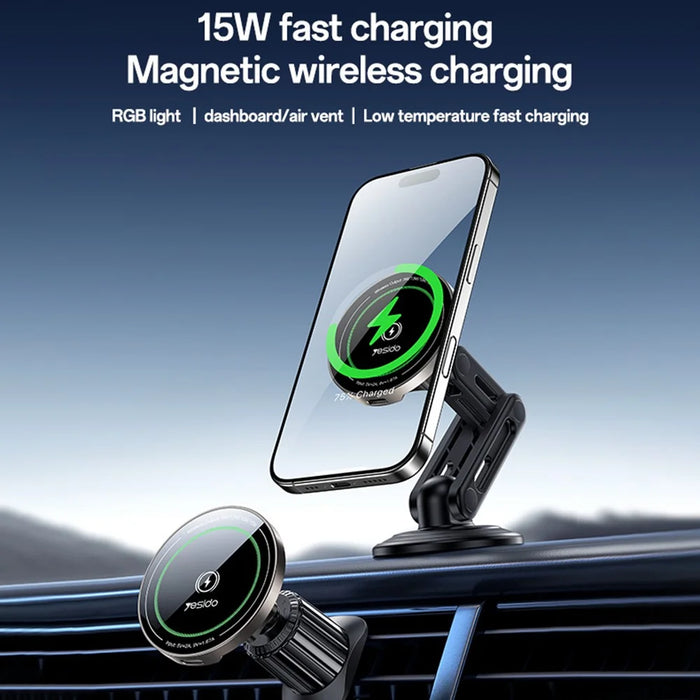 YESIDO C317 Magnetic Wireless Charger 15W Fast Charging Car Mount Dashboard Phone Holder with Breathing Light - 2