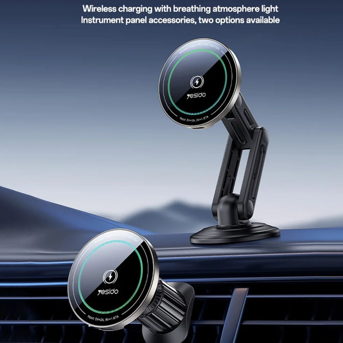 YESIDO C317 Magnetic Wireless Charger 15W Fast Charging Car Mount Dashboard Phone Holder with Breathing Light - 4
